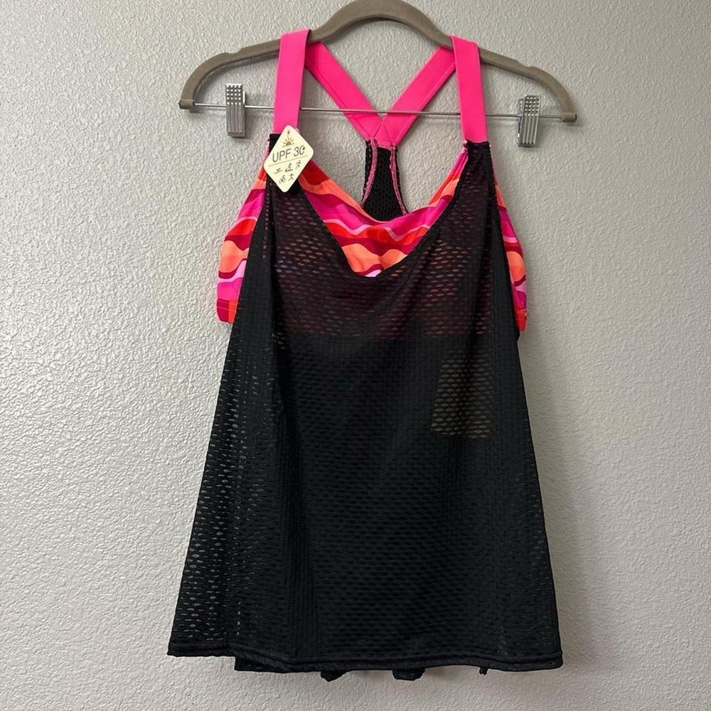 ZEROXPOSURE Pink Striped 2 in 1 Ruched  Tankini Top with Adjustable Straps